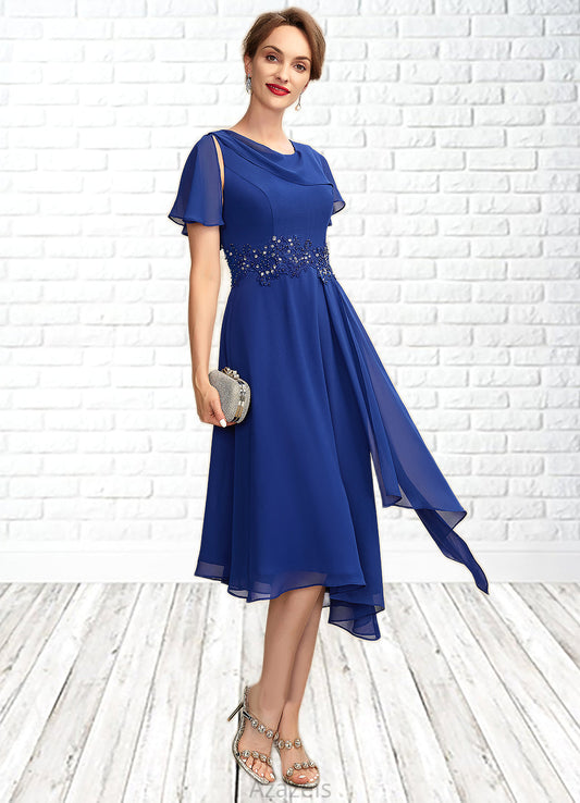 Beatrice A-Line Scoop Neck Asymmetrical Chiffon Mother of the Bride Dress With Beading Appliques Lace Cascading Ruffles DF126P0014998