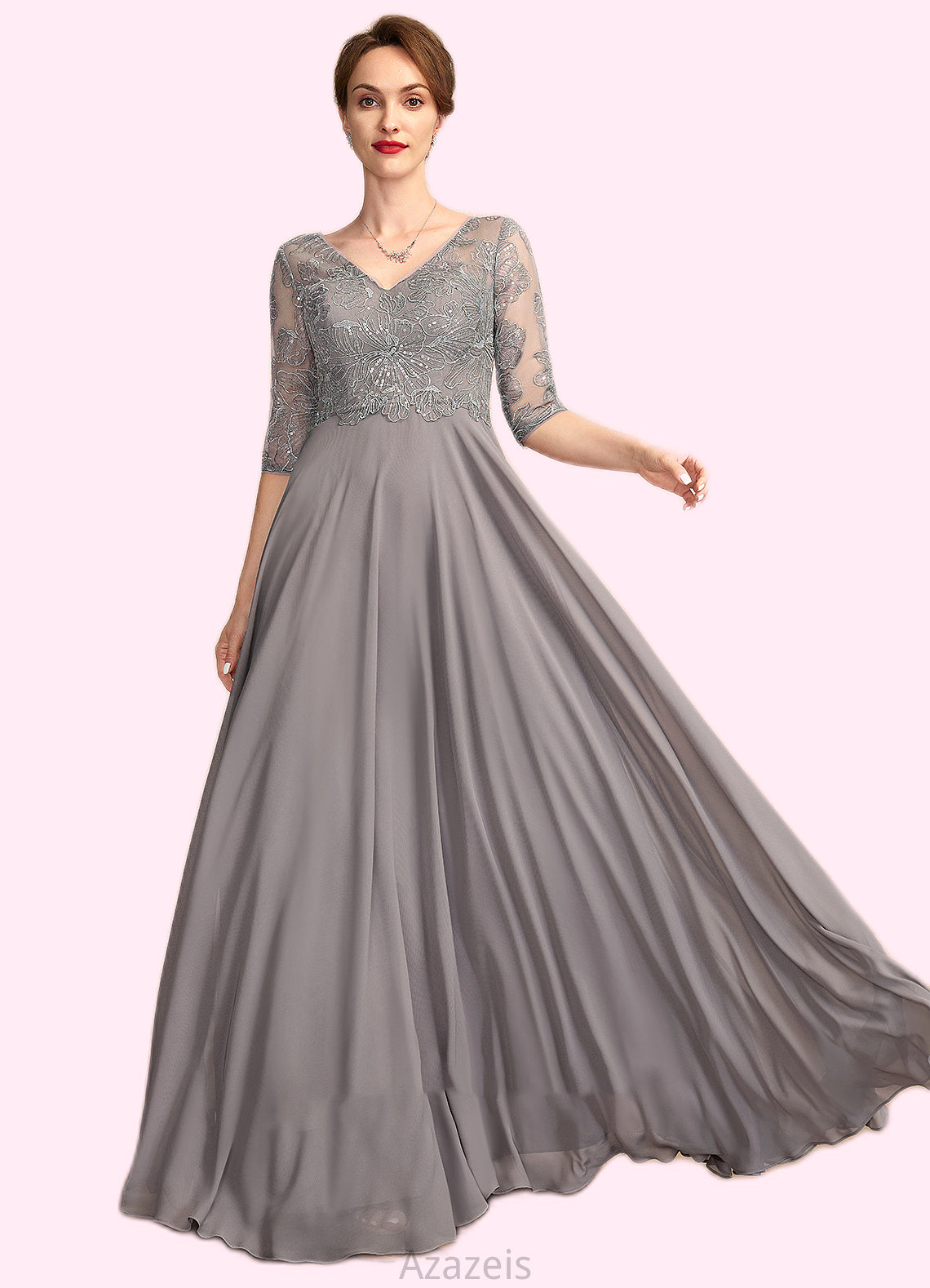 Gia A-Line V-neck Floor-Length Chiffon Lace Mother of the Bride Dress With Sequins DF126P0014999