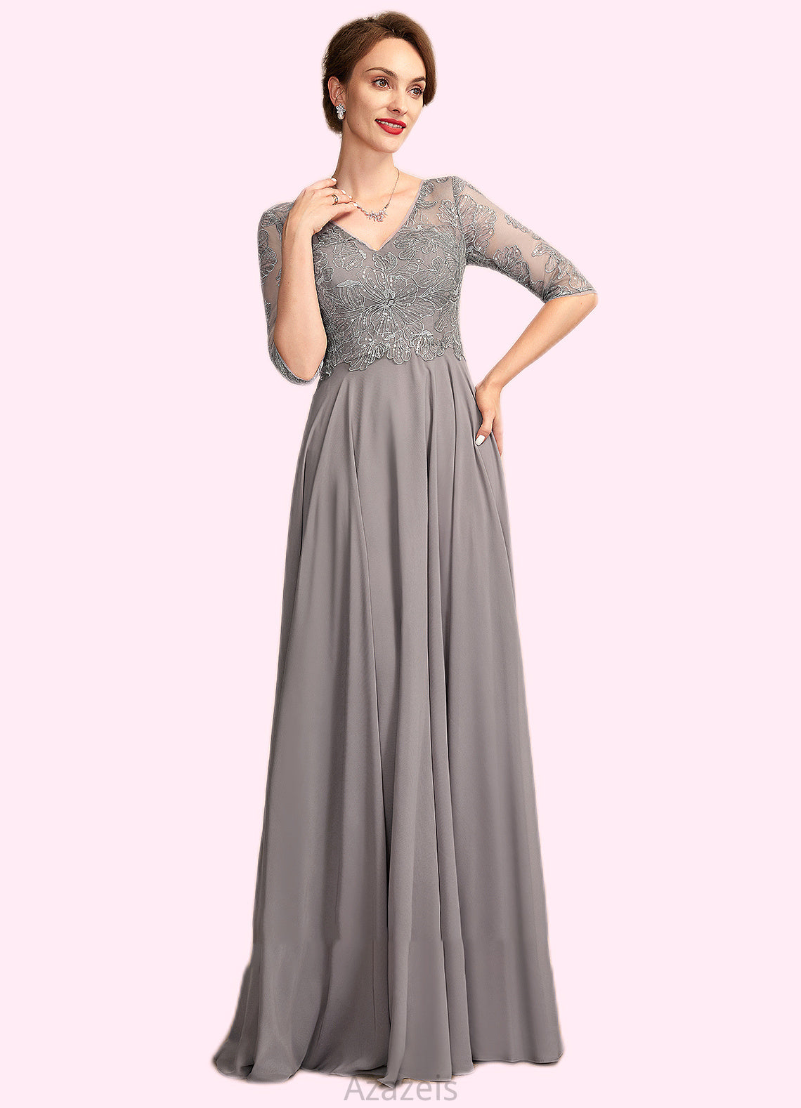 Gia A-Line V-neck Floor-Length Chiffon Lace Mother of the Bride Dress With Sequins DF126P0014999