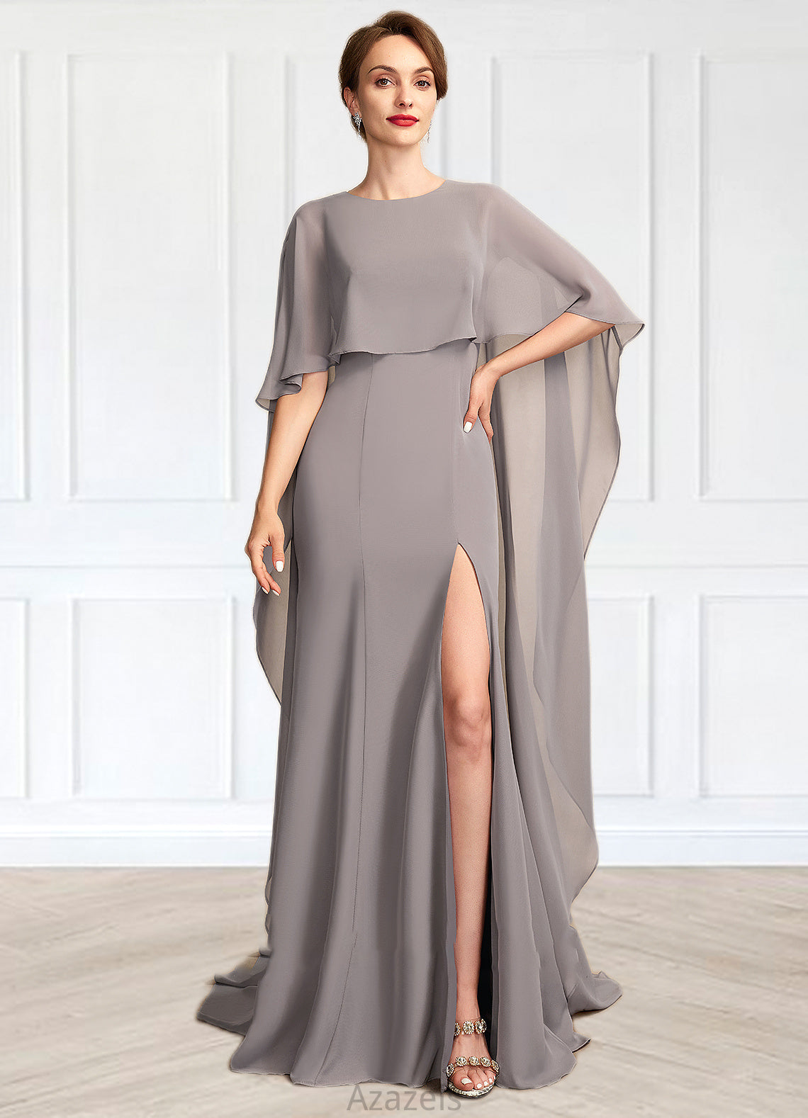 Nora Sheath/Column Scoop Neck Sweep Train Chiffon Mother of the Bride Dress With Split Front DF126P0015000