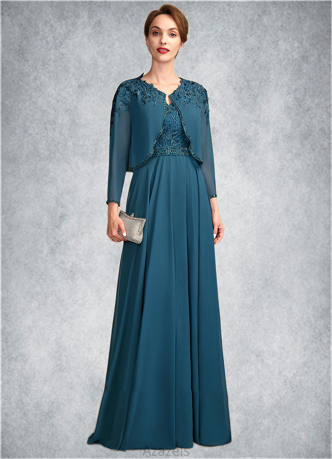 Vanessa A-Line V-neck Floor-Length Chiffon Lace Mother of the Bride Dress With Beading Sequins DF126P0015004