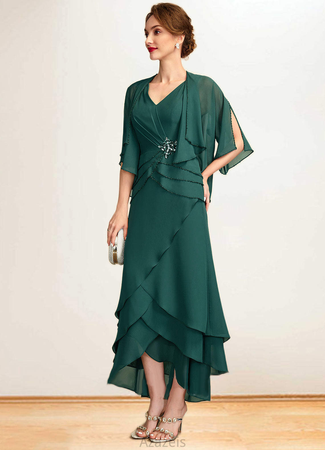 Kimberly A-Line V-neck Asymmetrical Chiffon Mother of the Bride Dress With Beading Sequins Cascading Ruffles DF126P0015005