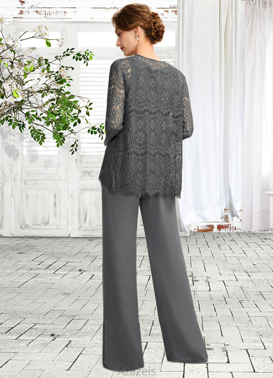 Frances Jumpsuit/Pantsuit Scoop Neck Floor-Length Chiffon Lace Mother of the Bride Dress DF126P0015006
