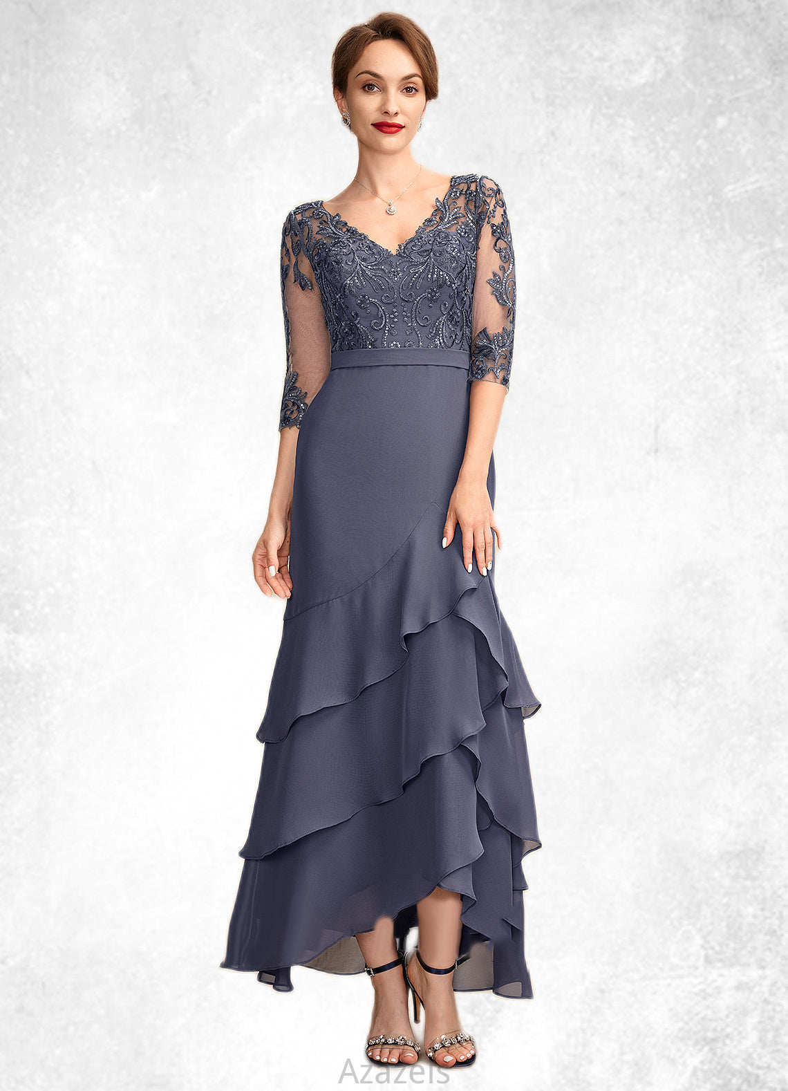 Eva Trumpet/Mermaid V-neck Asymmetrical Chiffon Lace Mother of the Bride Dress With Sequins Cascading Ruffles DF126P0015007