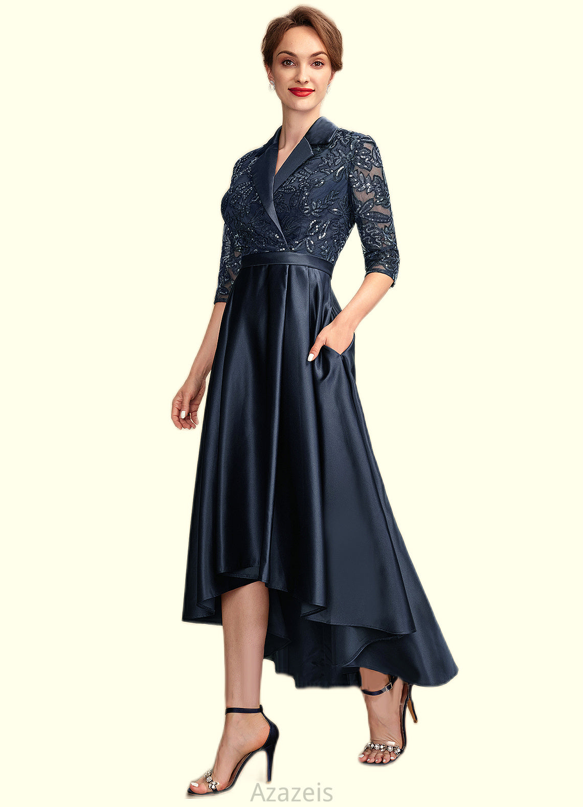 Kylie A-Line V-neck Asymmetrical Satin Lace Mother of the Bride Dress With Sequins Pockets DF126P0015008