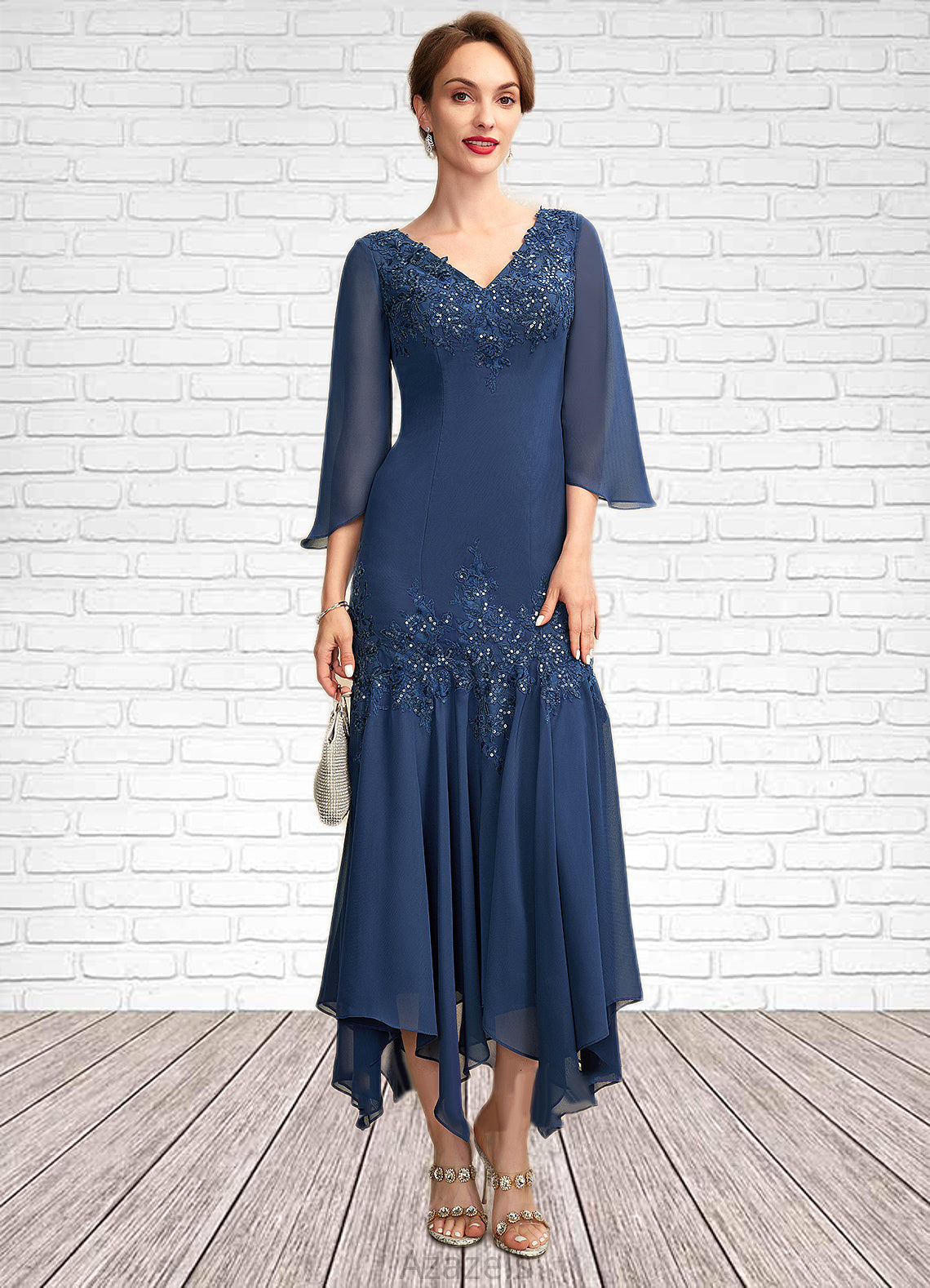 Jacqueline Trumpet/Mermaid V-neck Ankle-Length Chiffon Mother of the Bride Dress With Appliques Lace Sequins DF126P0015009