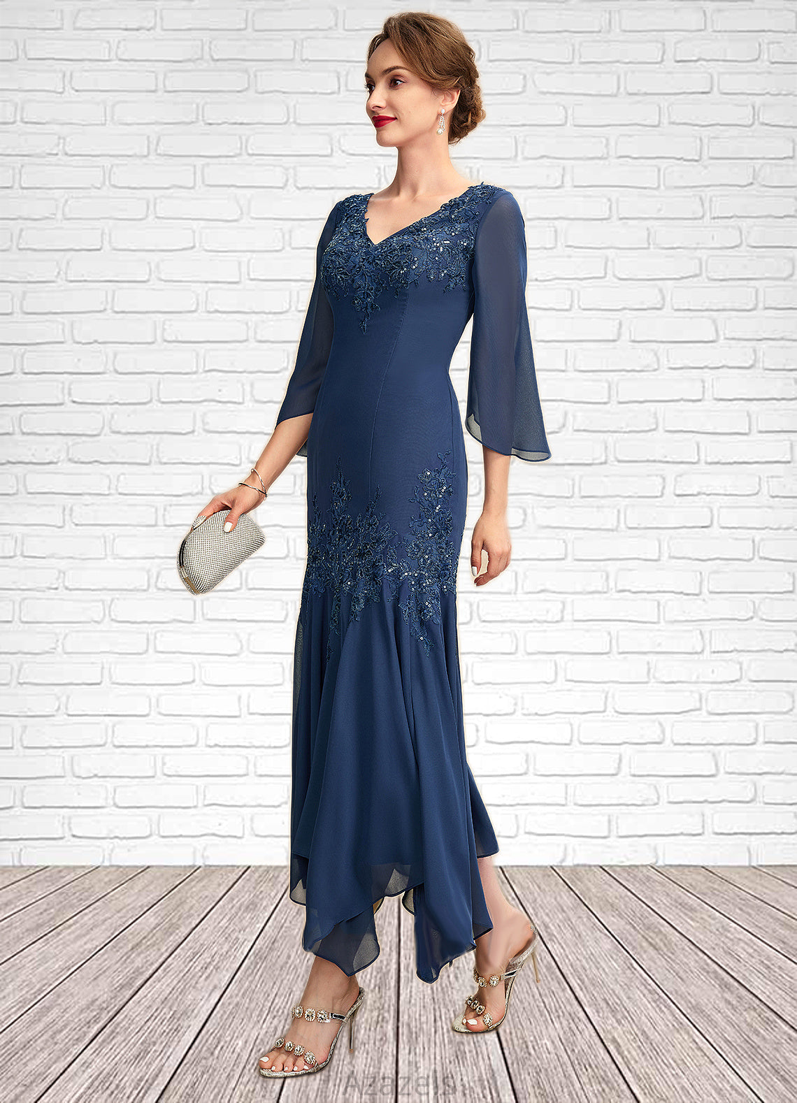 Jacqueline Trumpet/Mermaid V-neck Ankle-Length Chiffon Mother of the Bride Dress With Appliques Lace Sequins DF126P0015009