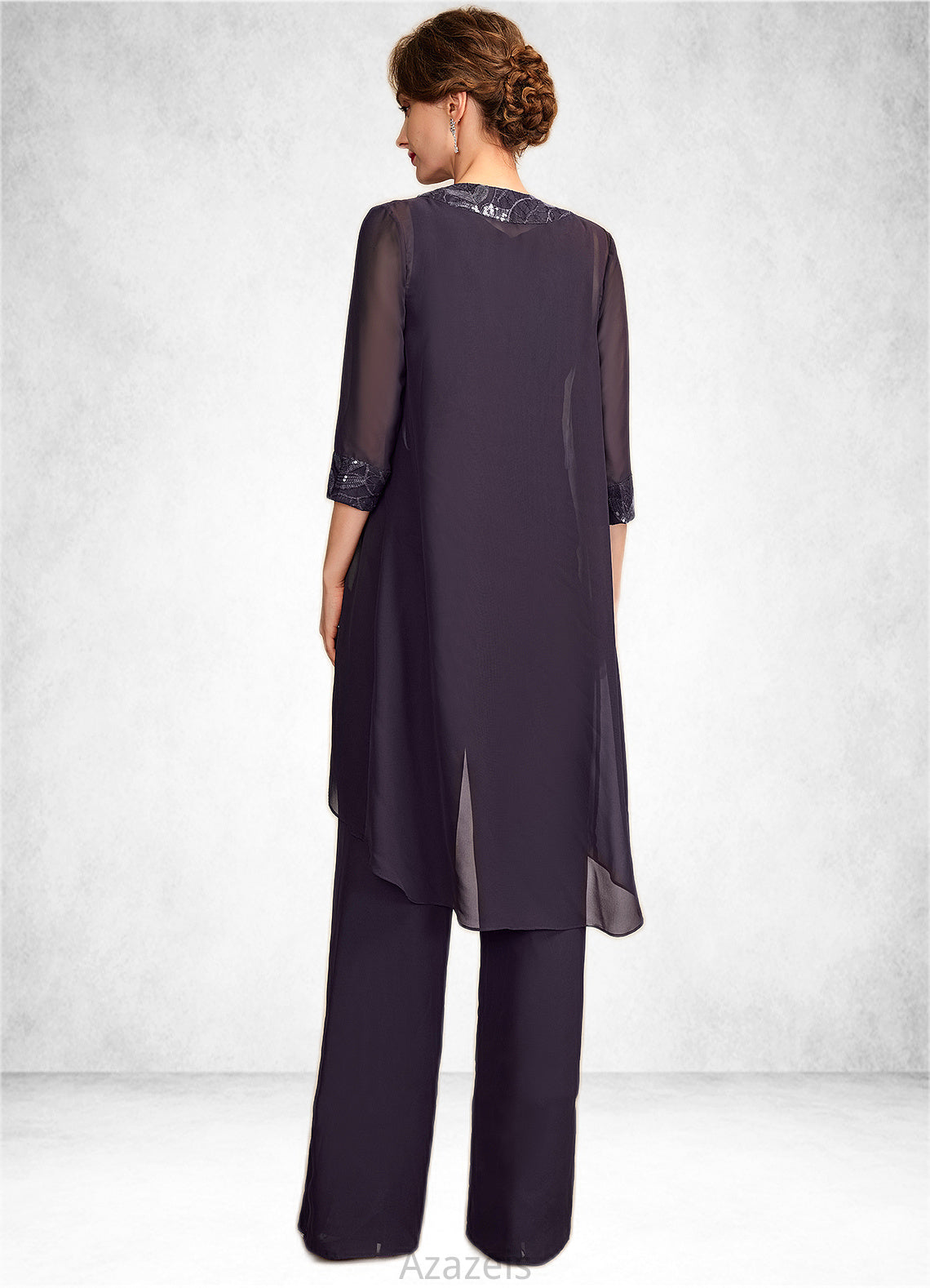 Rowan Jumpsuit/Pantsuit Scoop Neck Floor-Length Chiffon Lace Mother of the Bride Dress With Sequins DF126P0015010