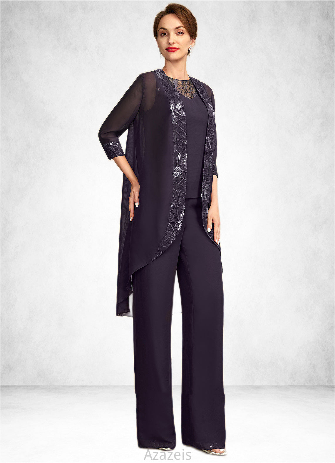 Rowan Jumpsuit/Pantsuit Scoop Neck Floor-Length Chiffon Lace Mother of the Bride Dress With Sequins DF126P0015010