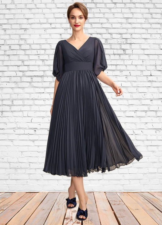 Madeline A-Line V-neck Tea-Length Chiffon Mother of the Bride Dress With Pleated DF126P0015012