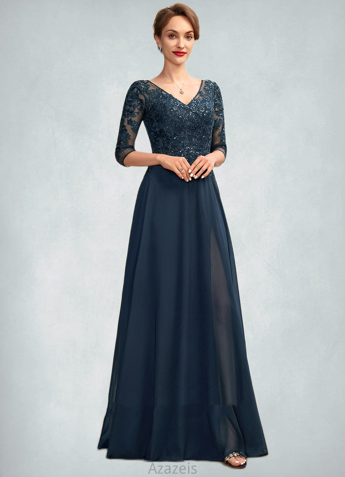 Lorna A-Line V-neck Floor-Length Chiffon Lace Mother of the Bride Dress With Sequins Split Front DF126P0015014