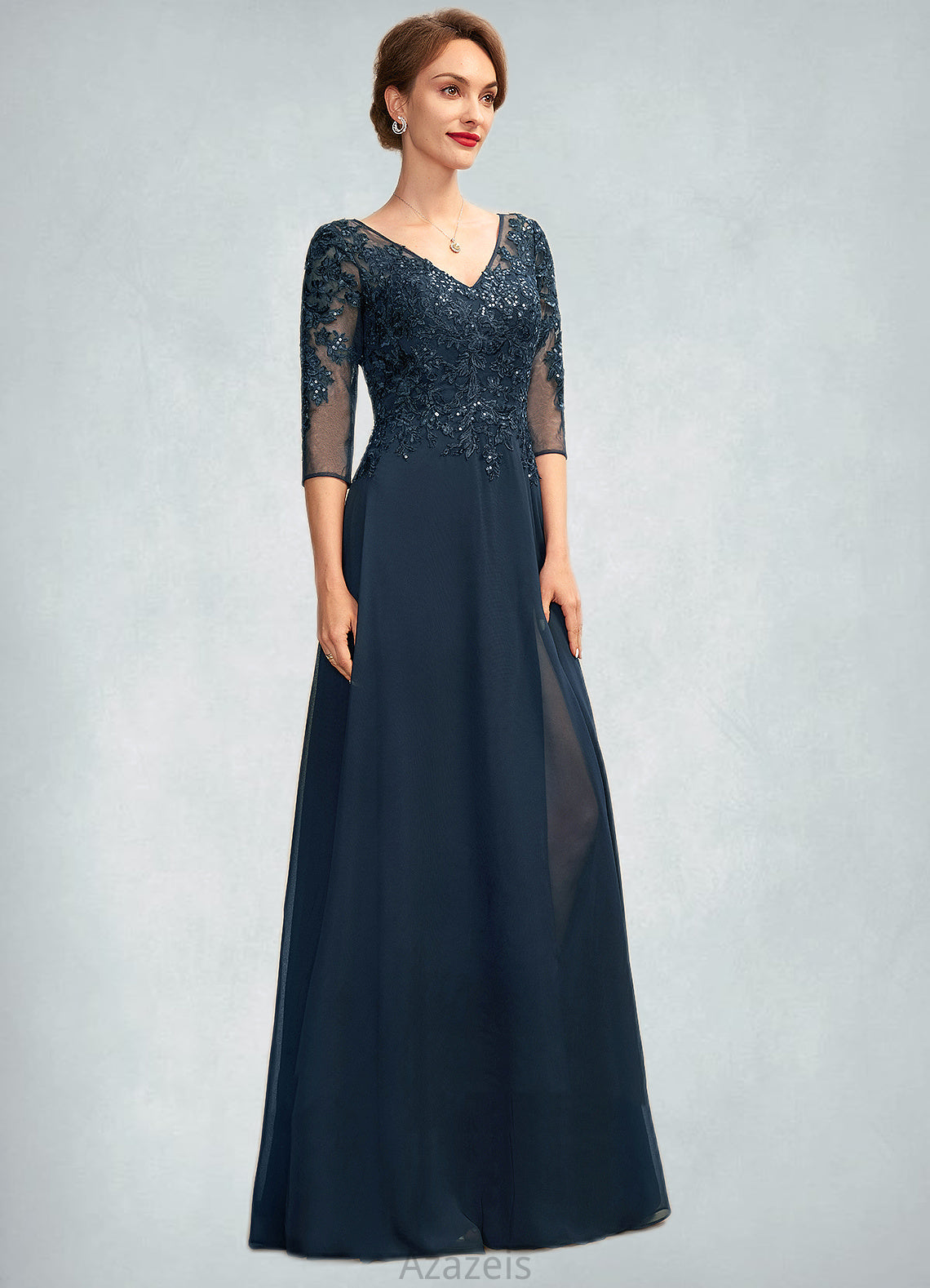 Lorna A-Line V-neck Floor-Length Chiffon Lace Mother of the Bride Dress With Sequins Split Front DF126P0015014