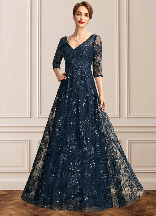 Sadie A-Line V-neck Floor-Length Lace Mother of the Bride Dress With Sequins DF126P0015015