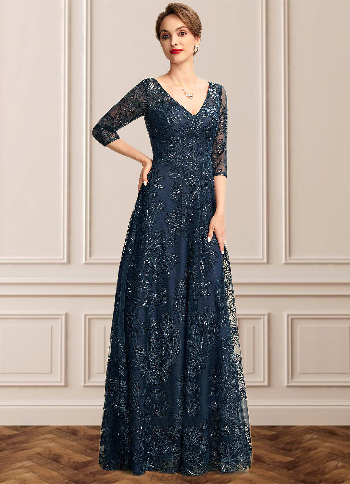 Sadie A-Line V-neck Floor-Length Lace Mother of the Bride Dress With Sequins DF126P0015015