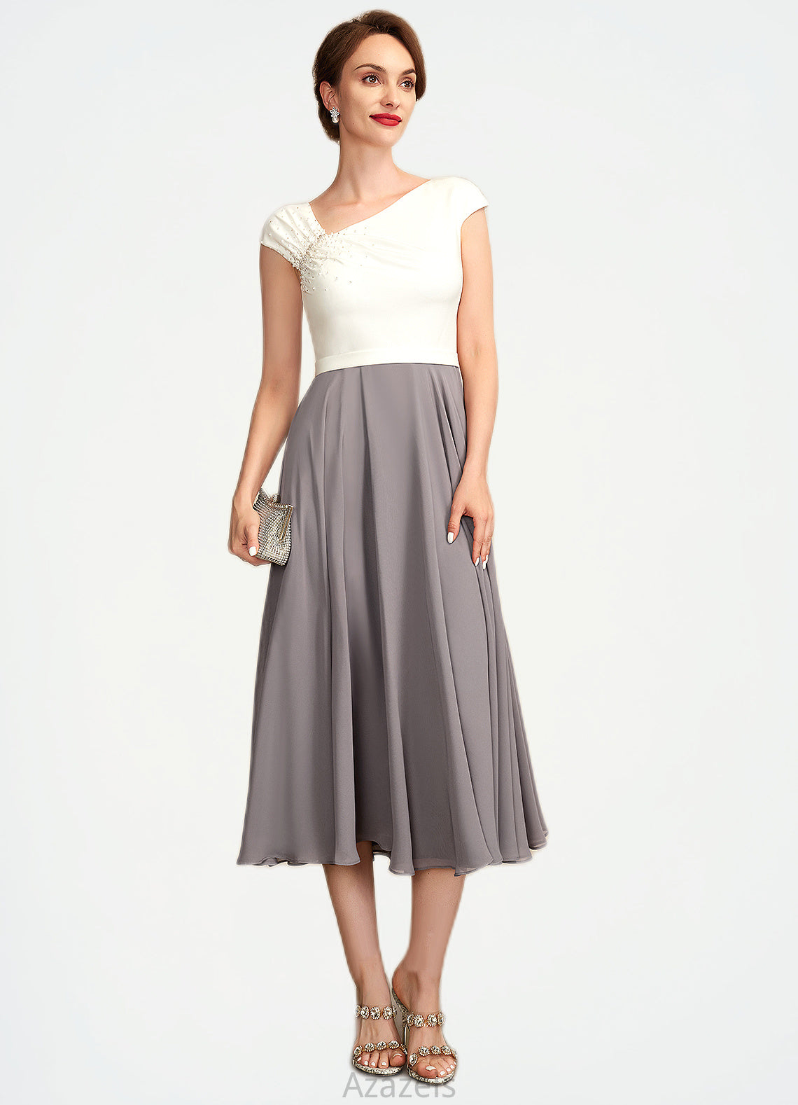 Marcia A-Line V-neck Tea-Length Chiffon Mother of the Bride Dress With Ruffle Beading Sequins DF126P0015016