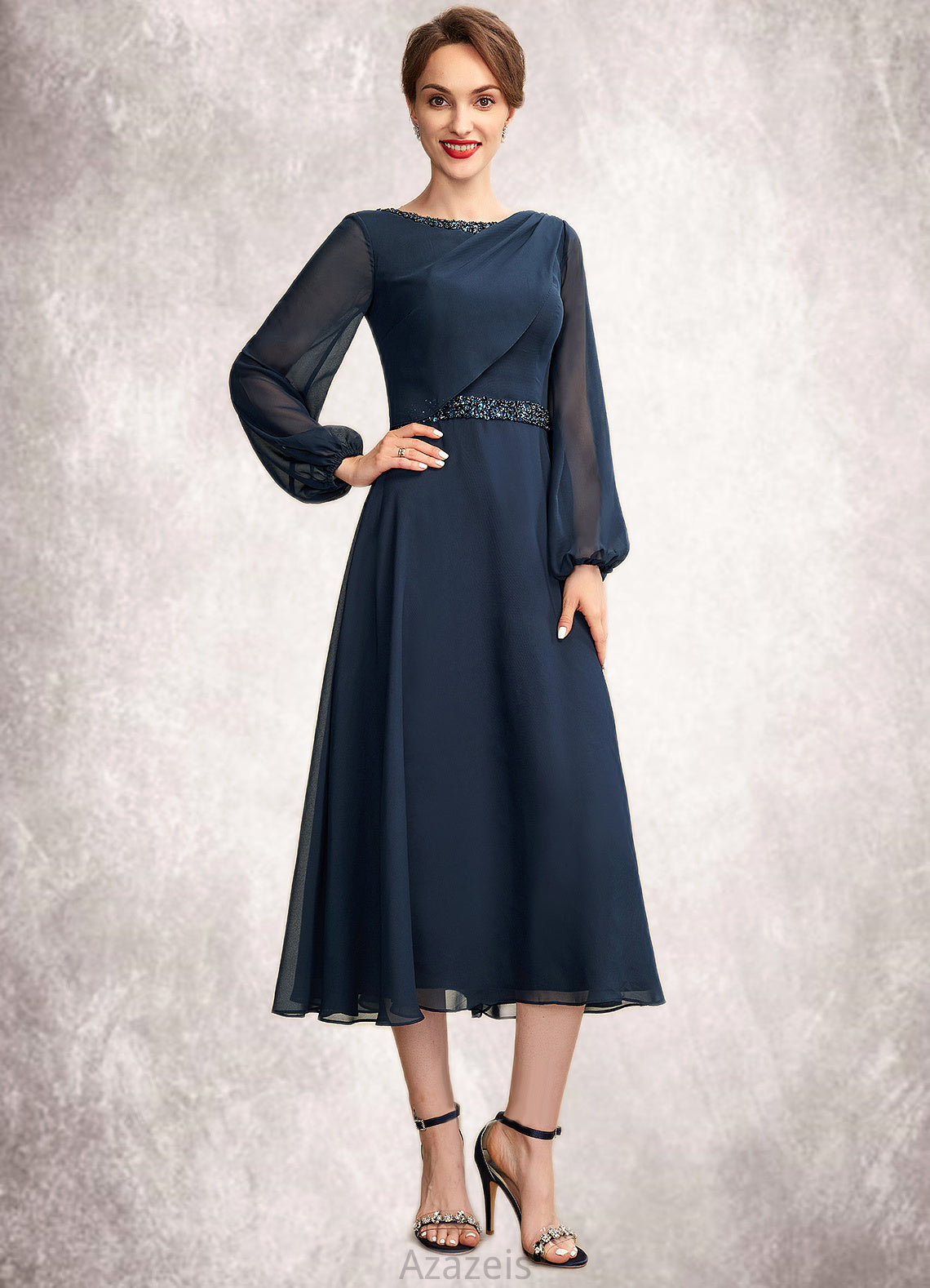 Chelsea A-Line Scoop Neck Tea-Length Chiffon Mother of the Bride Dress With Beading Sequins DF126P0015018