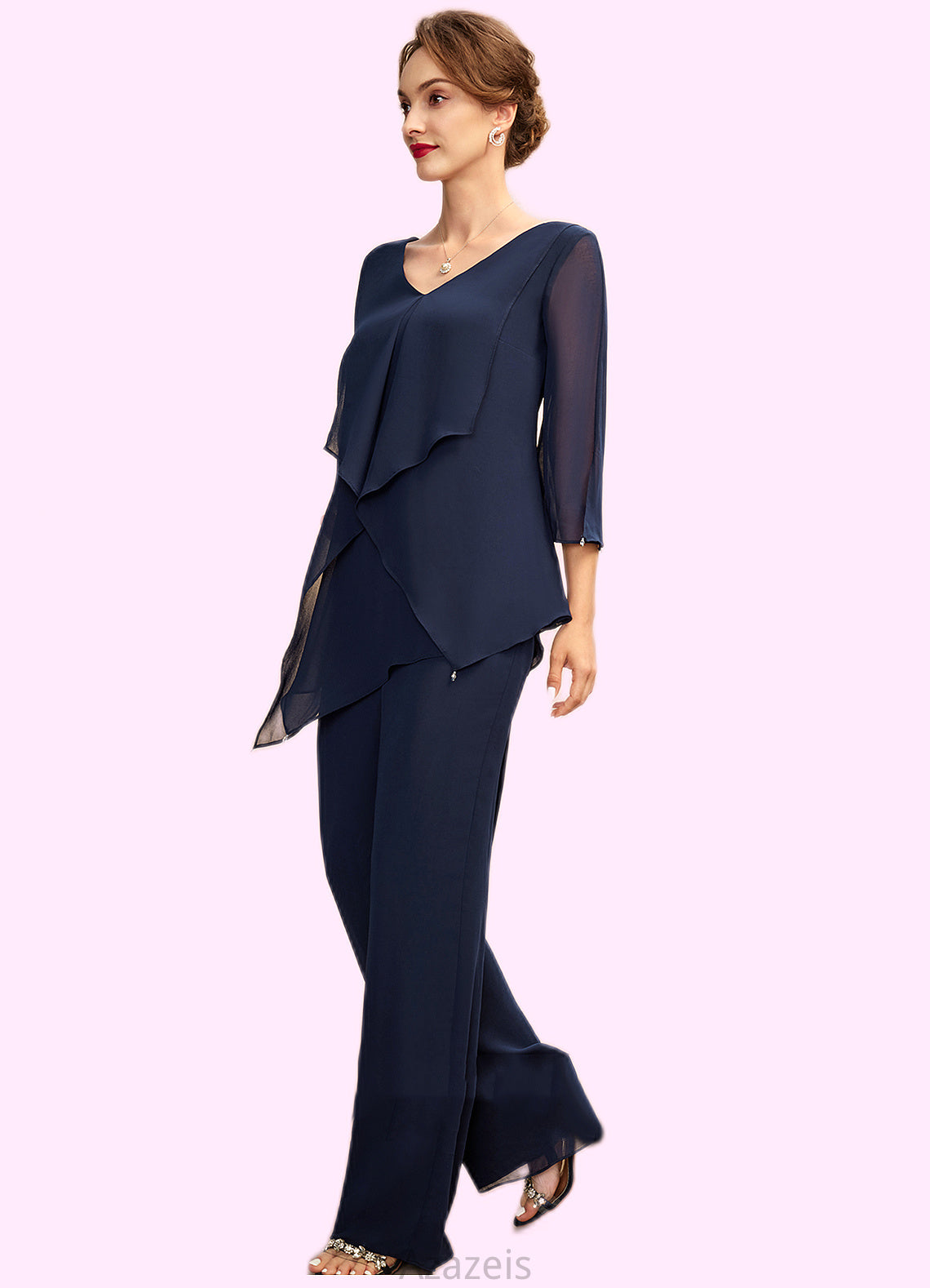 Eliza Jumpsuit/Pantsuit V-neck Floor-Length Chiffon Mother of the Bride Dress With Cascading Ruffles DF126P0015019
