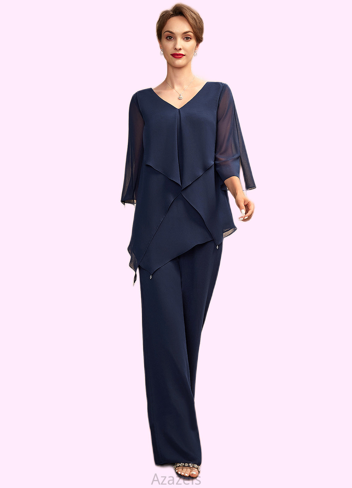 Eliza Jumpsuit/Pantsuit V-neck Floor-Length Chiffon Mother of the Bride Dress With Cascading Ruffles DF126P0015019