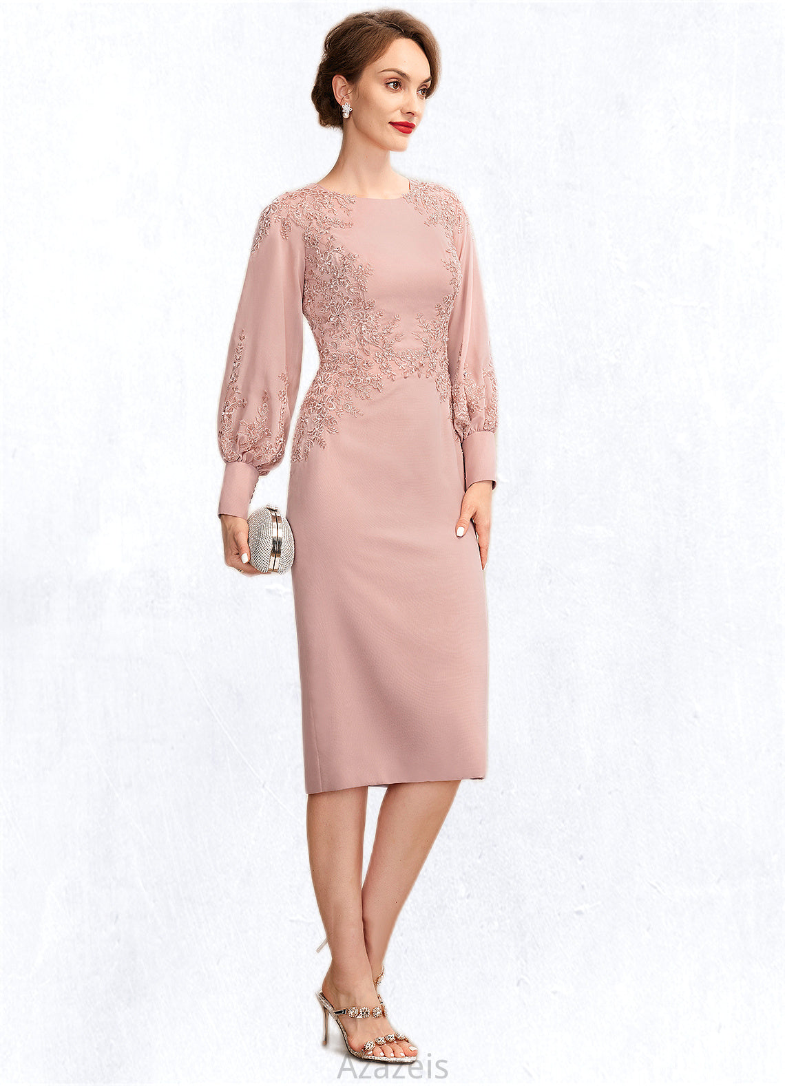 Val Sheath/Column Scoop Neck Knee-Length Chiffon Lace Mother of the Bride Dress With Beading Sequins DF126P0015020