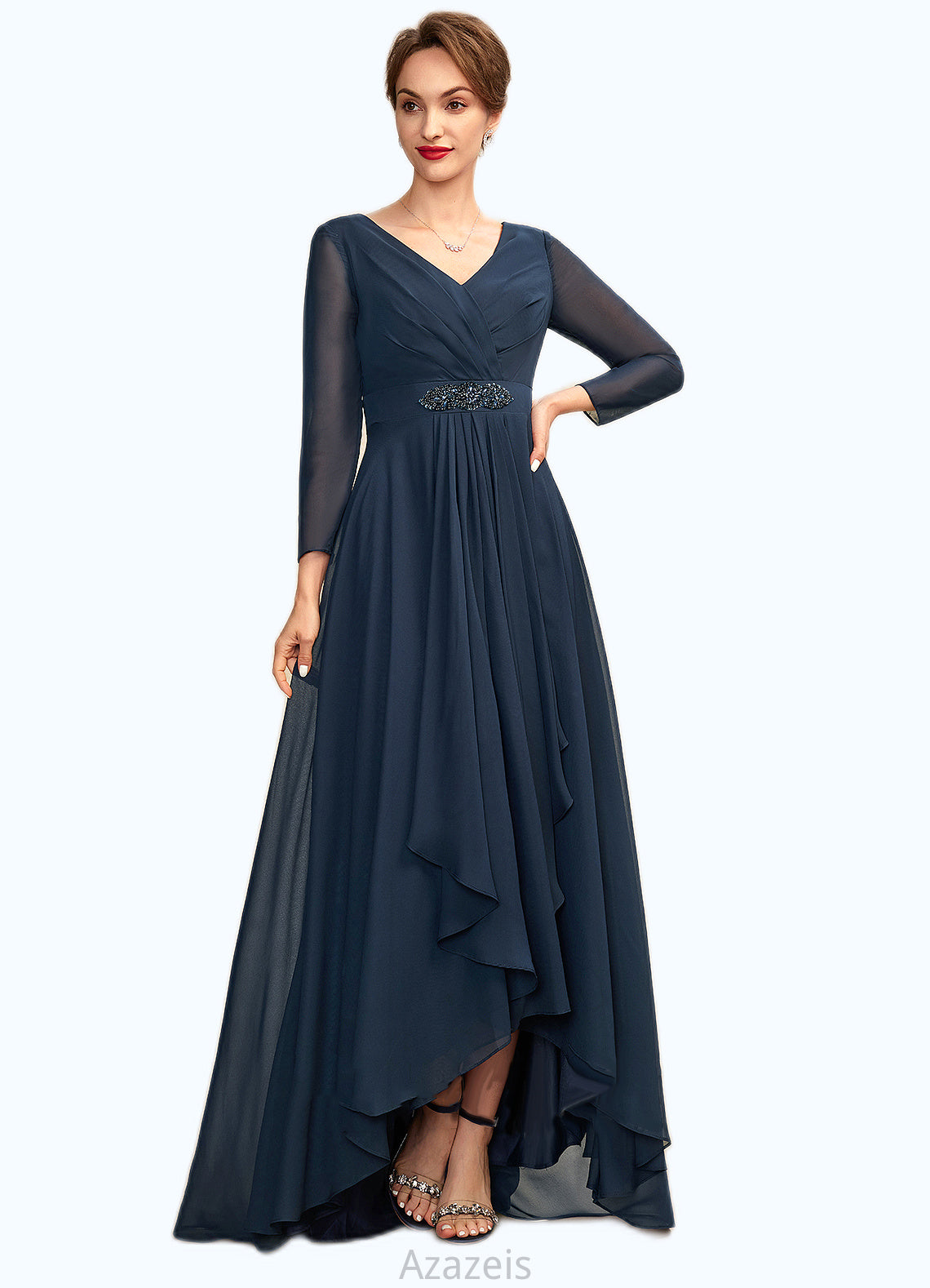 Ava A-Line V-neck Asymmetrical Chiffon Mother of the Bride Dress With Ruffle Beading Bow(s) DF126P0015021