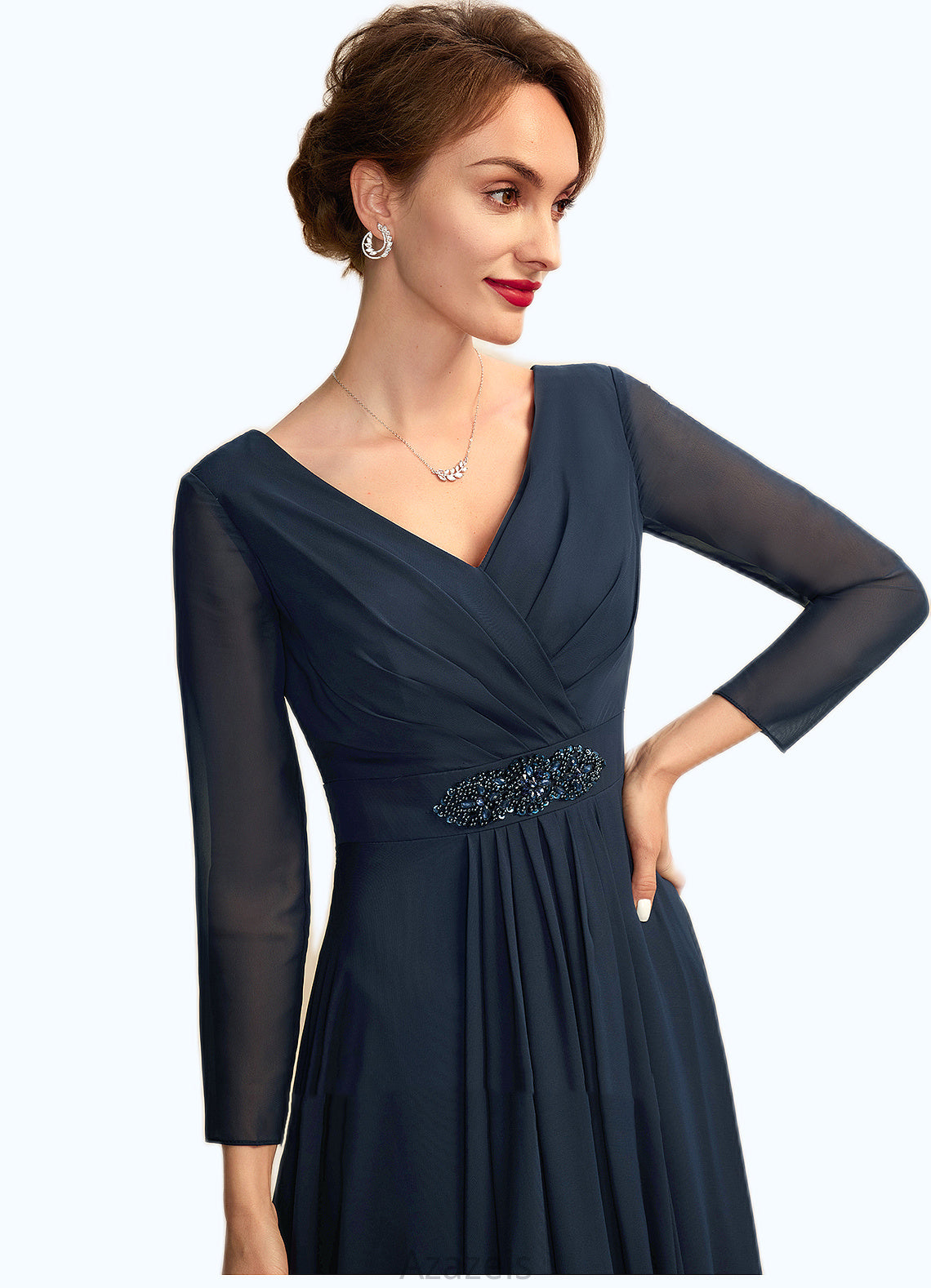 Ava A-Line V-neck Asymmetrical Chiffon Mother of the Bride Dress With Ruffle Beading Bow(s) DF126P0015021