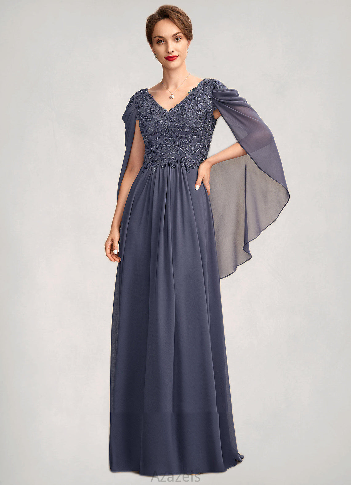 Sydnee A-Line V-neck Floor-Length Chiffon Lace Mother of the Bride Dress With Beading Sequins DF126P0015022