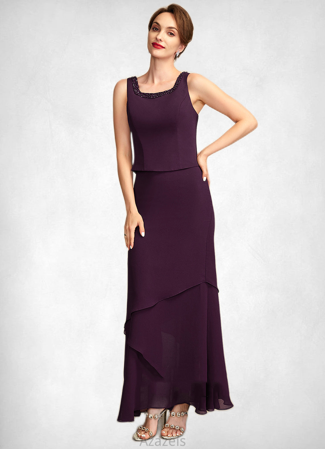 Sadie Sheath/Column Scoop Neck Ankle-Length Chiffon Mother of the Bride Dress With Beading Sequins DF126P0015024