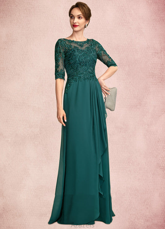 Jade A-Line Scoop Neck Floor-Length Chiffon Lace Mother of the Bride Dress With Beading Sequins Cascading Ruffles DF126P0015027