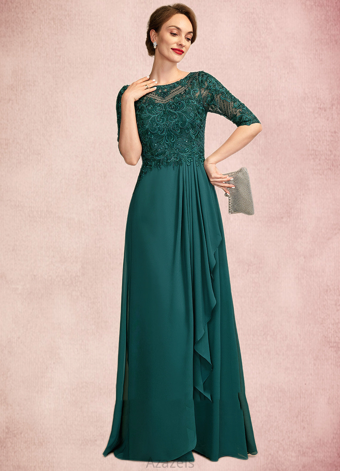 Jade A-Line Scoop Neck Floor-Length Chiffon Lace Mother of the Bride Dress With Beading Sequins Cascading Ruffles DF126P0015027