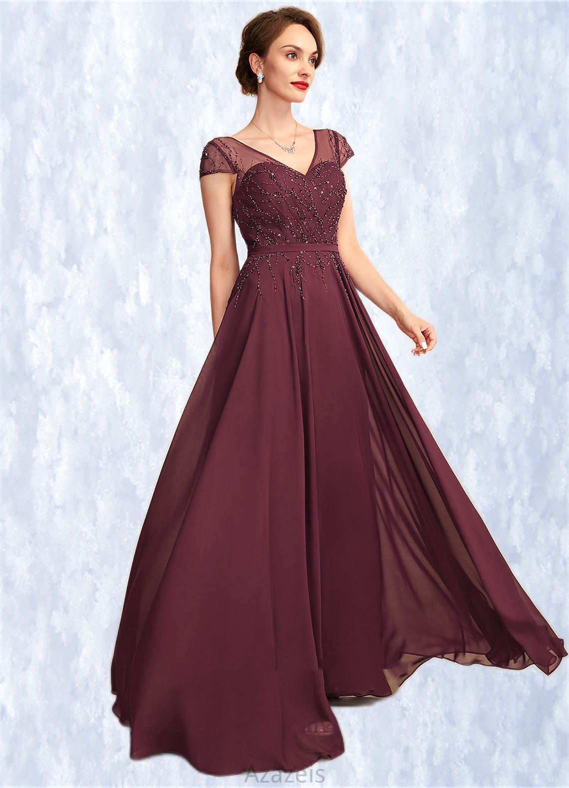 Kinsley A-Line V-neck Floor-Length Chiffon Mother of the Bride Dress With Beading Sequins DF126P0015028