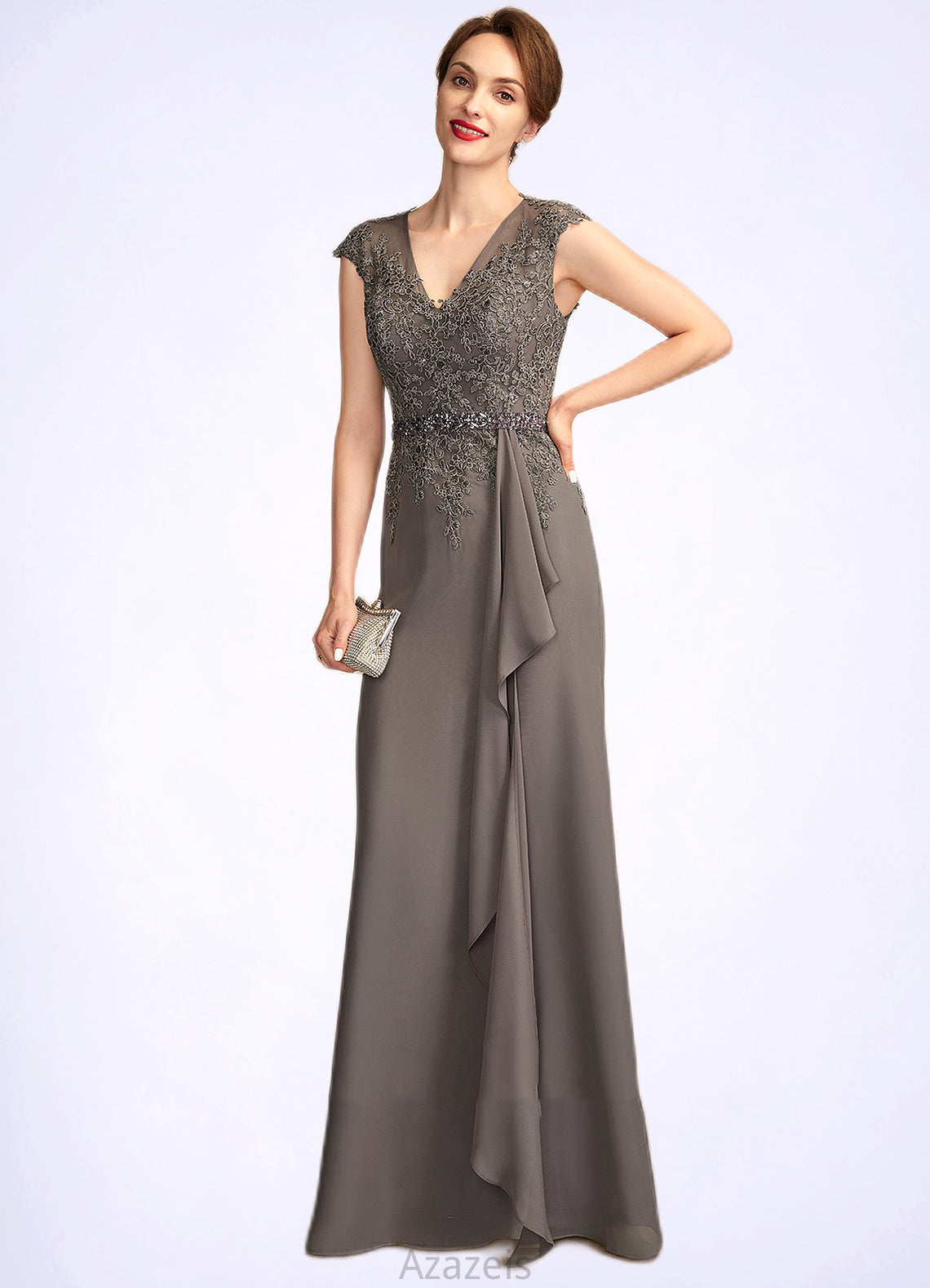 Ruby A-Line V-neck Floor-Length Chiffon Lace Mother of the Bride Dress With Beading Sequins Cascading Ruffles DF126P0015030