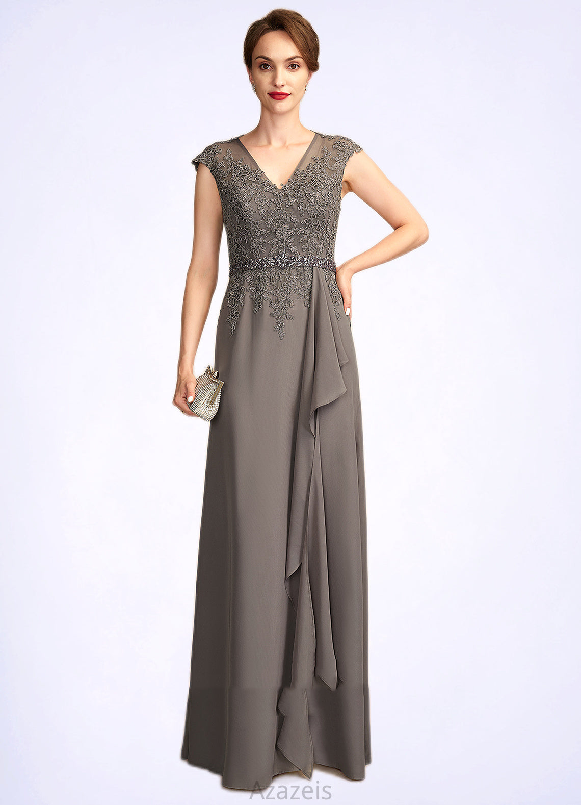Ruby A-Line V-neck Floor-Length Chiffon Lace Mother of the Bride Dress With Beading Sequins Cascading Ruffles DF126P0015030