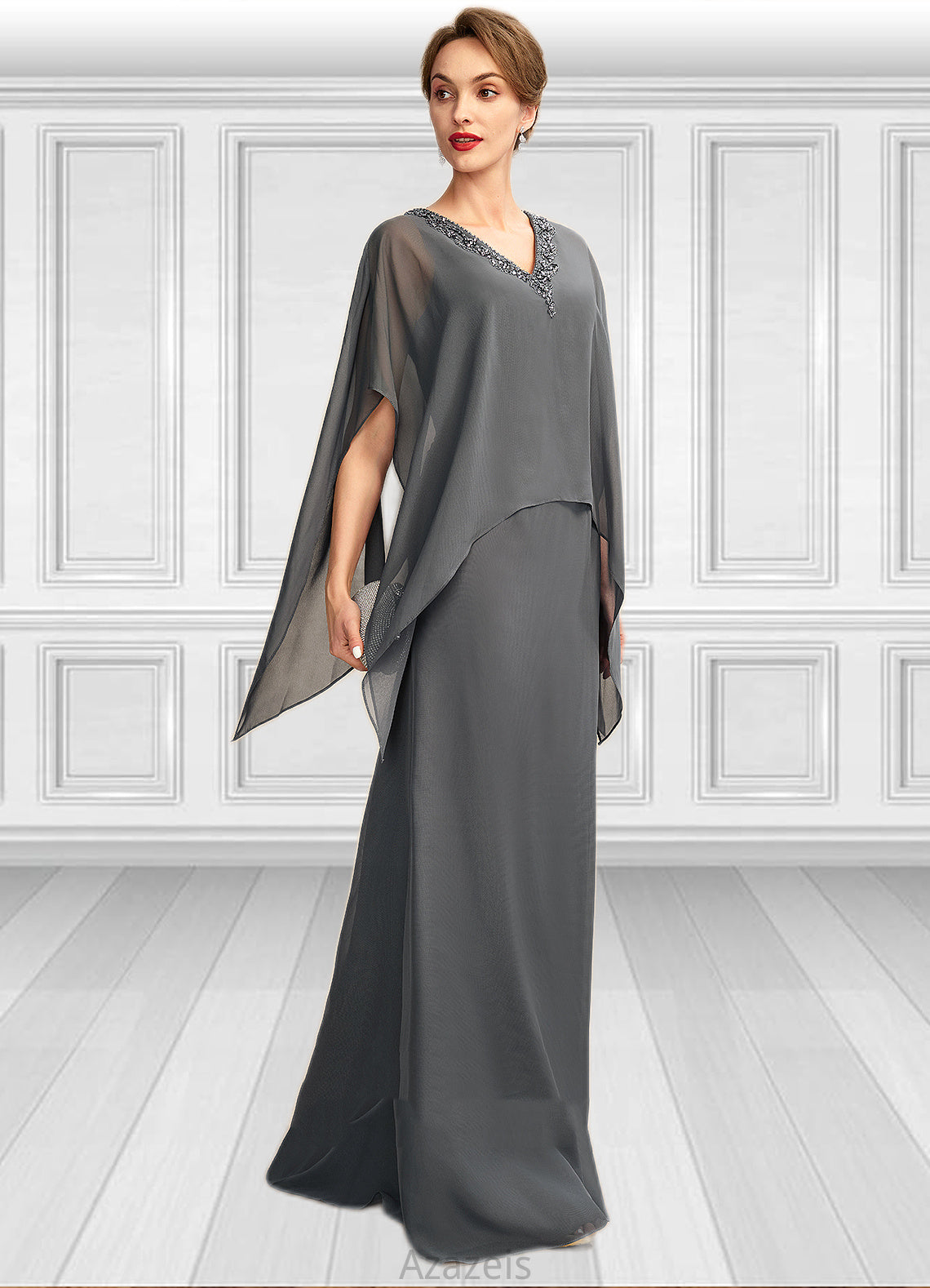 Miranda A-line V-Neck Floor-Length Chiffon Mother of the Bride Dress With Beading Sequins DF126P0015031