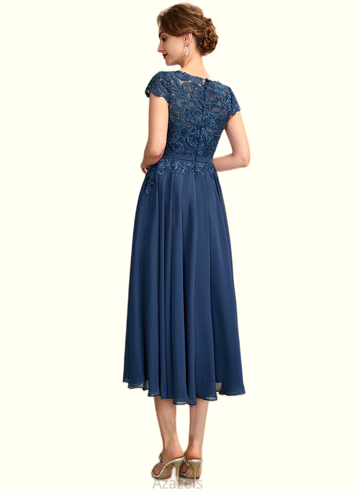 Willa A-Line Scoop Neck Tea-Length Chiffon Lace Mother of the Bride Dress DF126P0015032