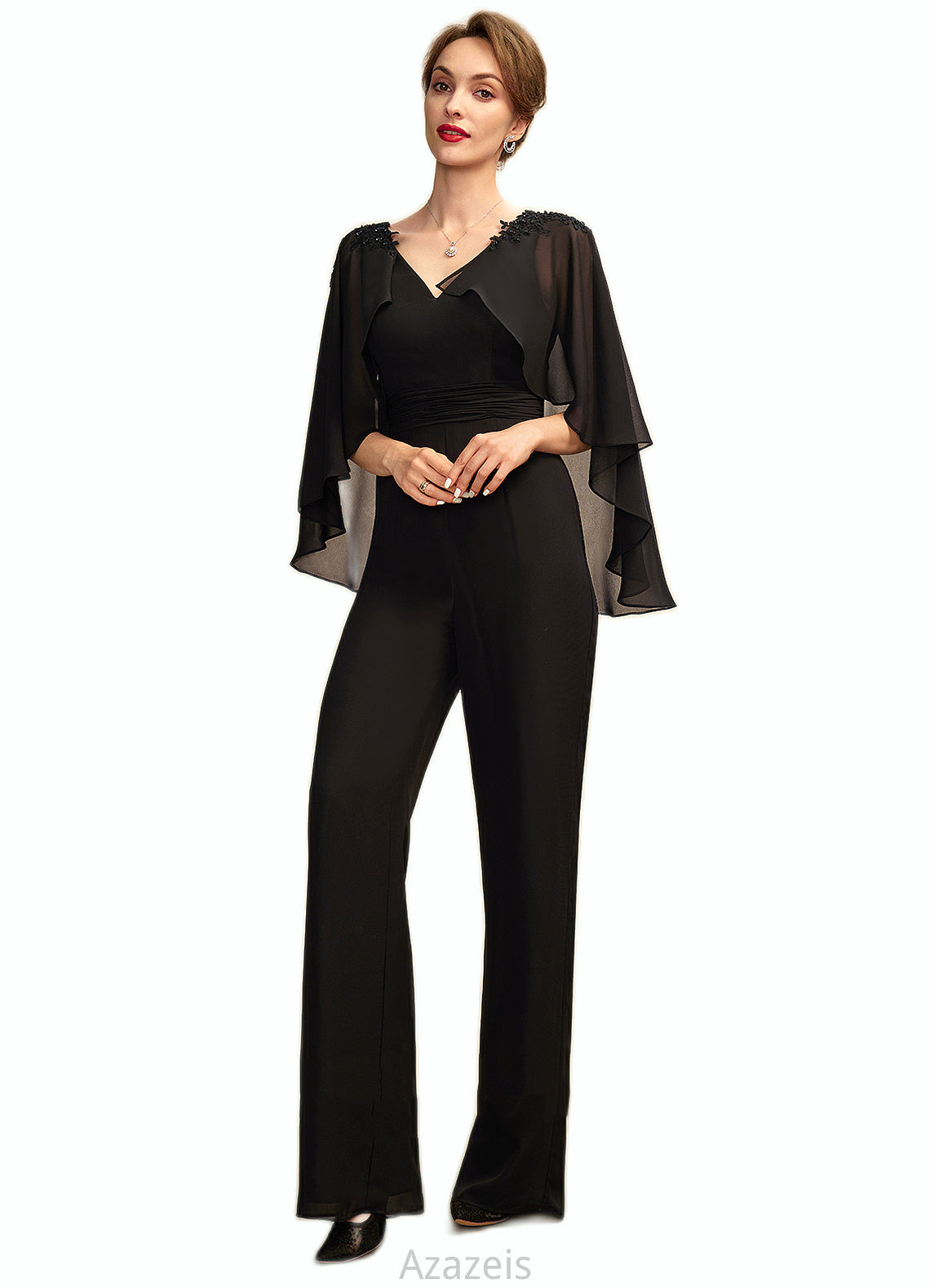 Abby Jumpsuit/Pantsuit V-neck Floor-Length Chiffon Mother of the Bride Dress With Ruffle Beading Appliques Lace Sequins DF126P0015033