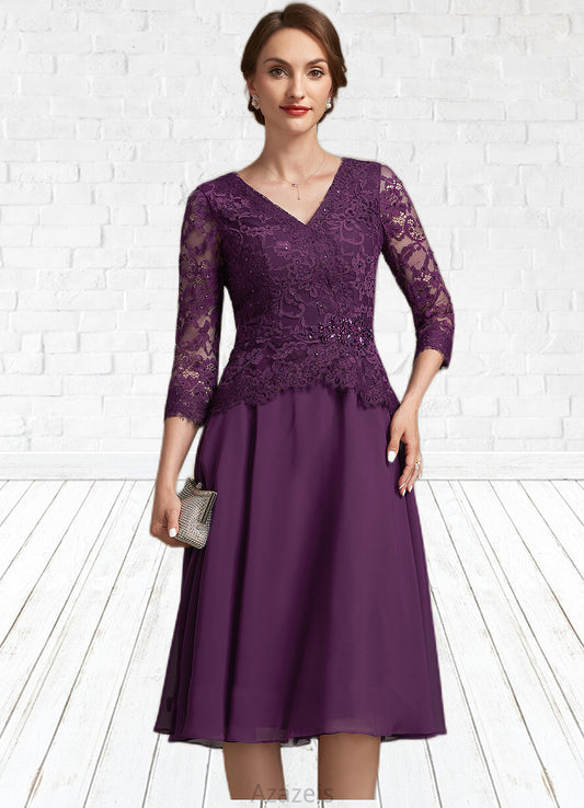 Kyleigh A-Line V-neck Knee-Length Chiffon Lace Mother of the Bride Dress With Beading Sequins DF126P0015035