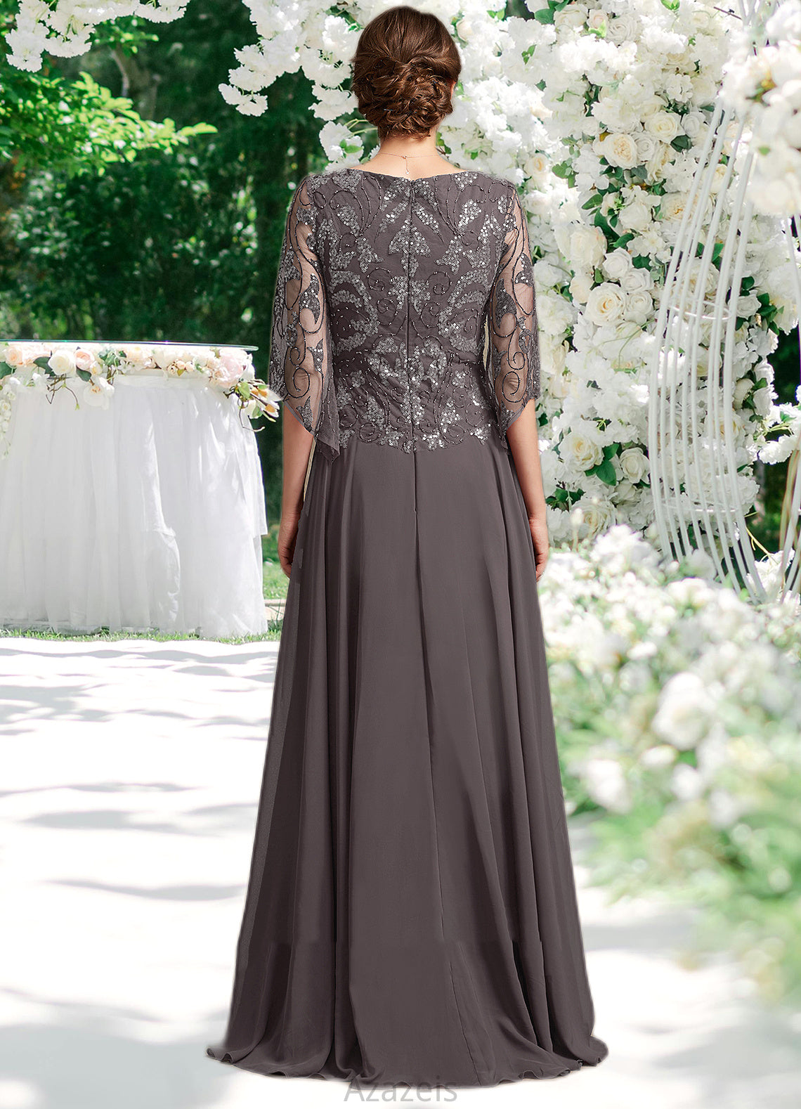 Krista A-Line Scoop Neck Floor-Length Chiffon Lace Mother of the Bride Dress With Beading Sequins DF126P0015036