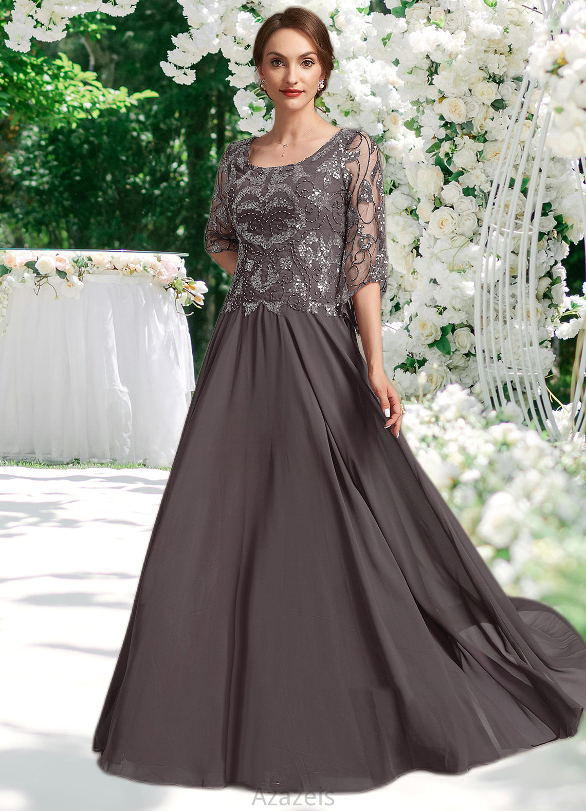 Krista A-Line Scoop Neck Floor-Length Chiffon Lace Mother of the Bride Dress With Beading Sequins DF126P0015036