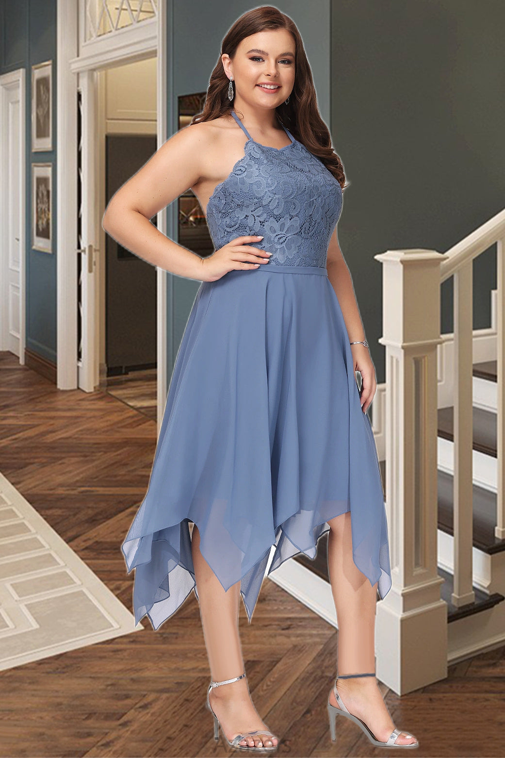 Ashlynn A-line Halter Asymmetrical Chiffon Lace Homecoming Dress DFP0020561