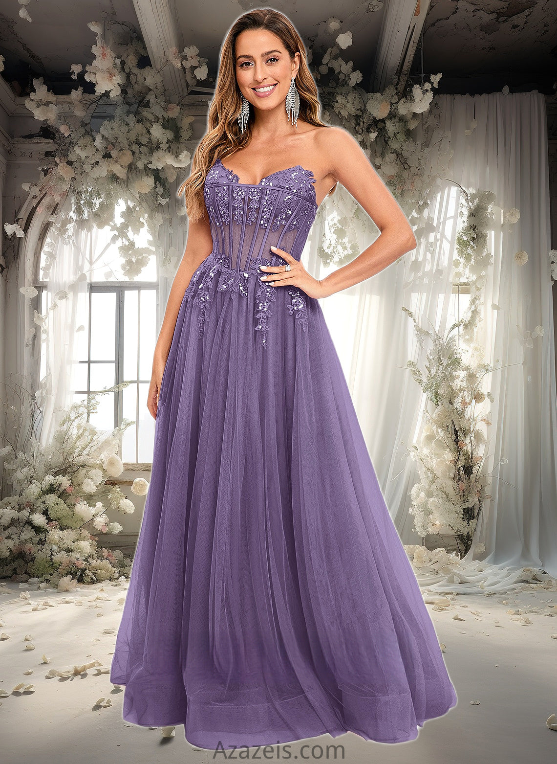 Zoey Ball-Gown/Princess V-Neck Floor-Length Tulle Prom Dresses With Sequins Appliques Lace DFP0025837