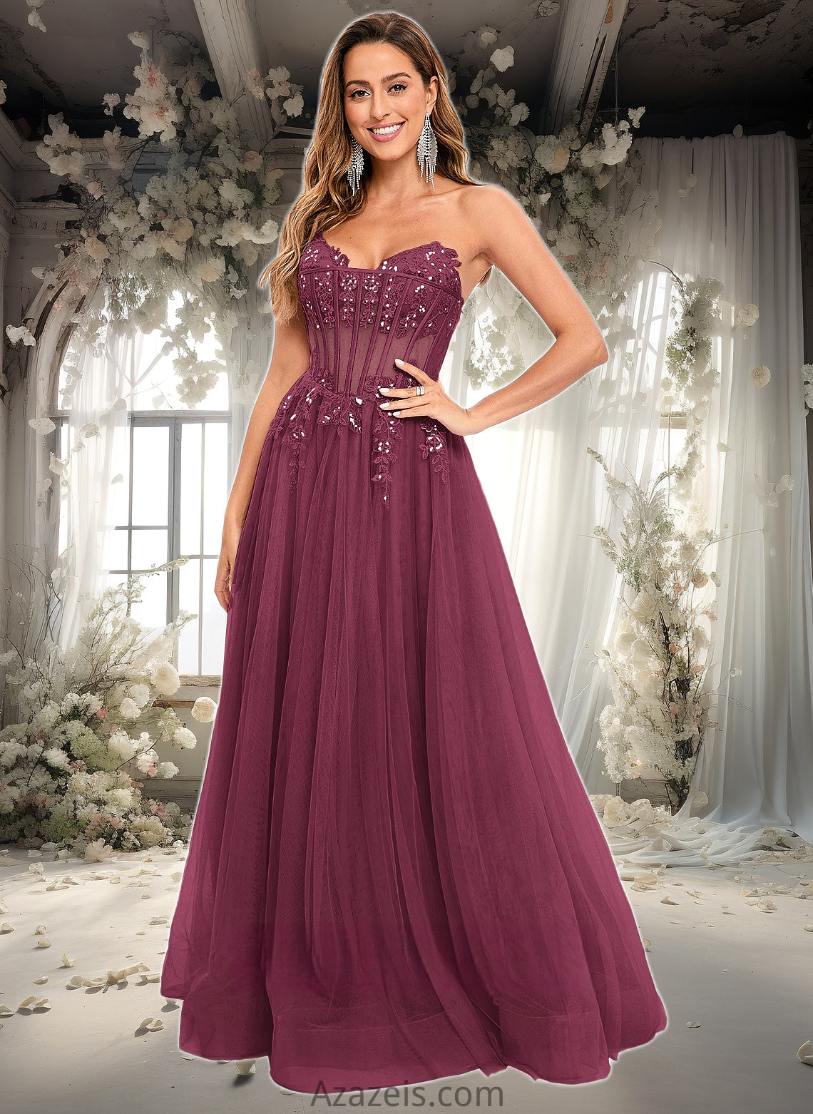 Zoey Ball-Gown/Princess V-Neck Floor-Length Tulle Prom Dresses With Sequins Appliques Lace DFP0025837