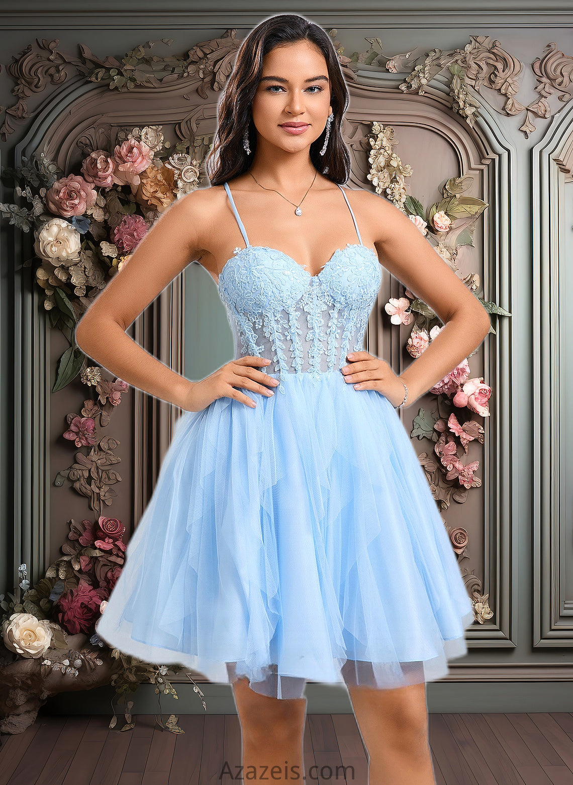 Jaiden Ball-Gown/Princess Sweetheart Short Lace Tulle Homecoming Dress With Ruffle DFP0025707