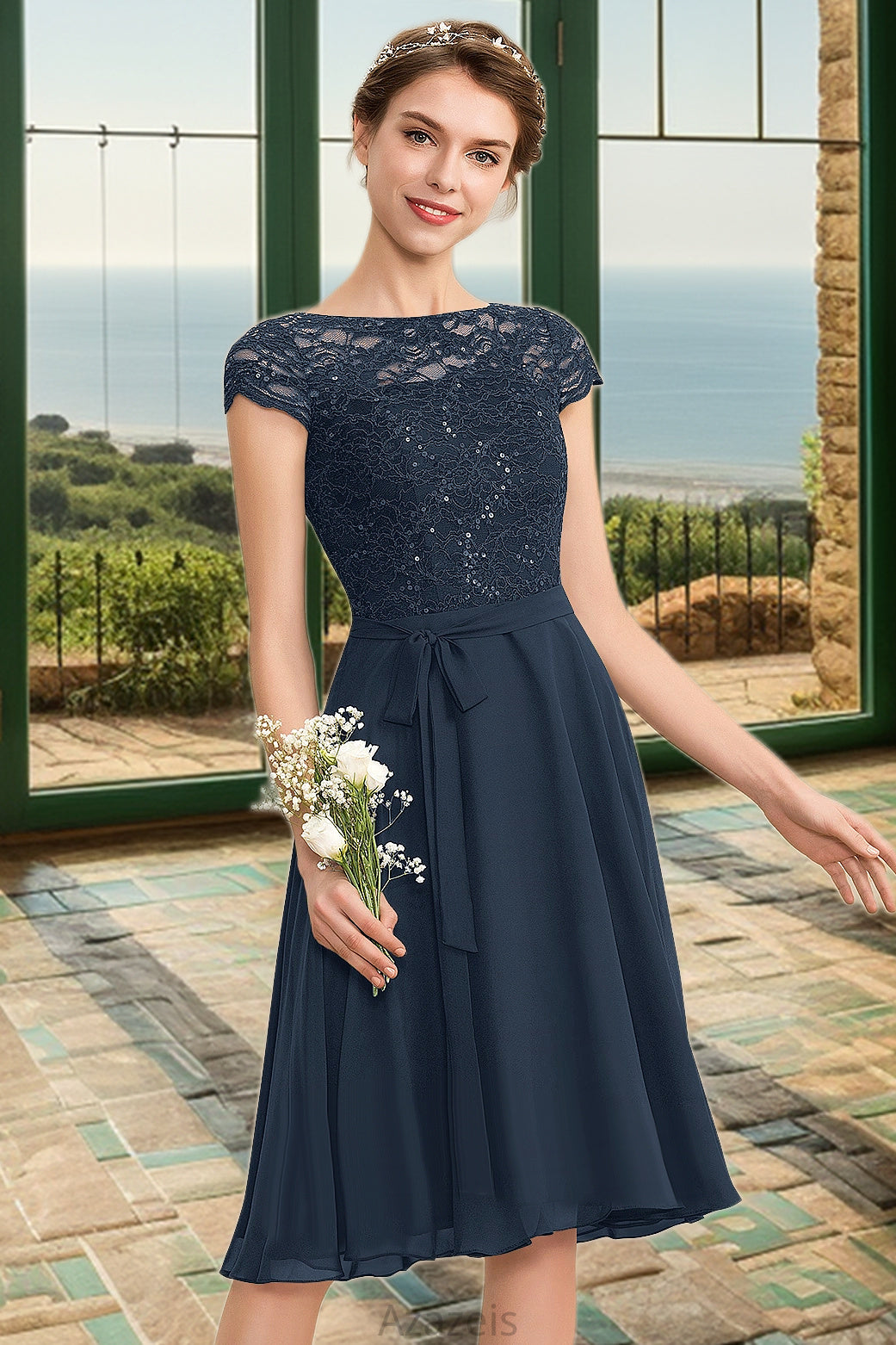 Aurora A-line Scoop Knee-Length Chiffon Lace Homecoming Dress With Bow DFP0020581