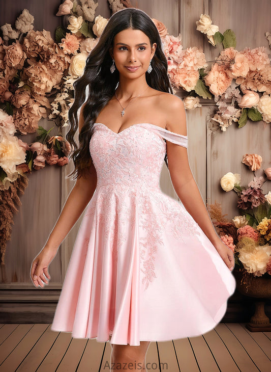 Rhoda A-line Off the Shoulder Short Satin Homecoming Dress With Rhinestone Beading Appliques Lace DFP0025679