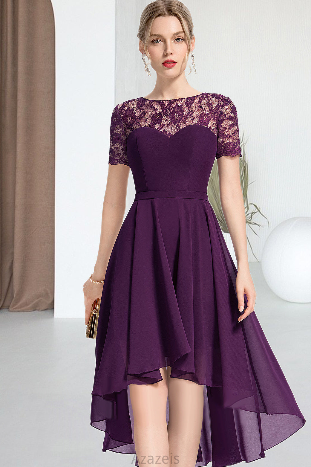 Ruby A-line Scoop Asymmetrical Chiffon Lace Homecoming Dress DFP0020587