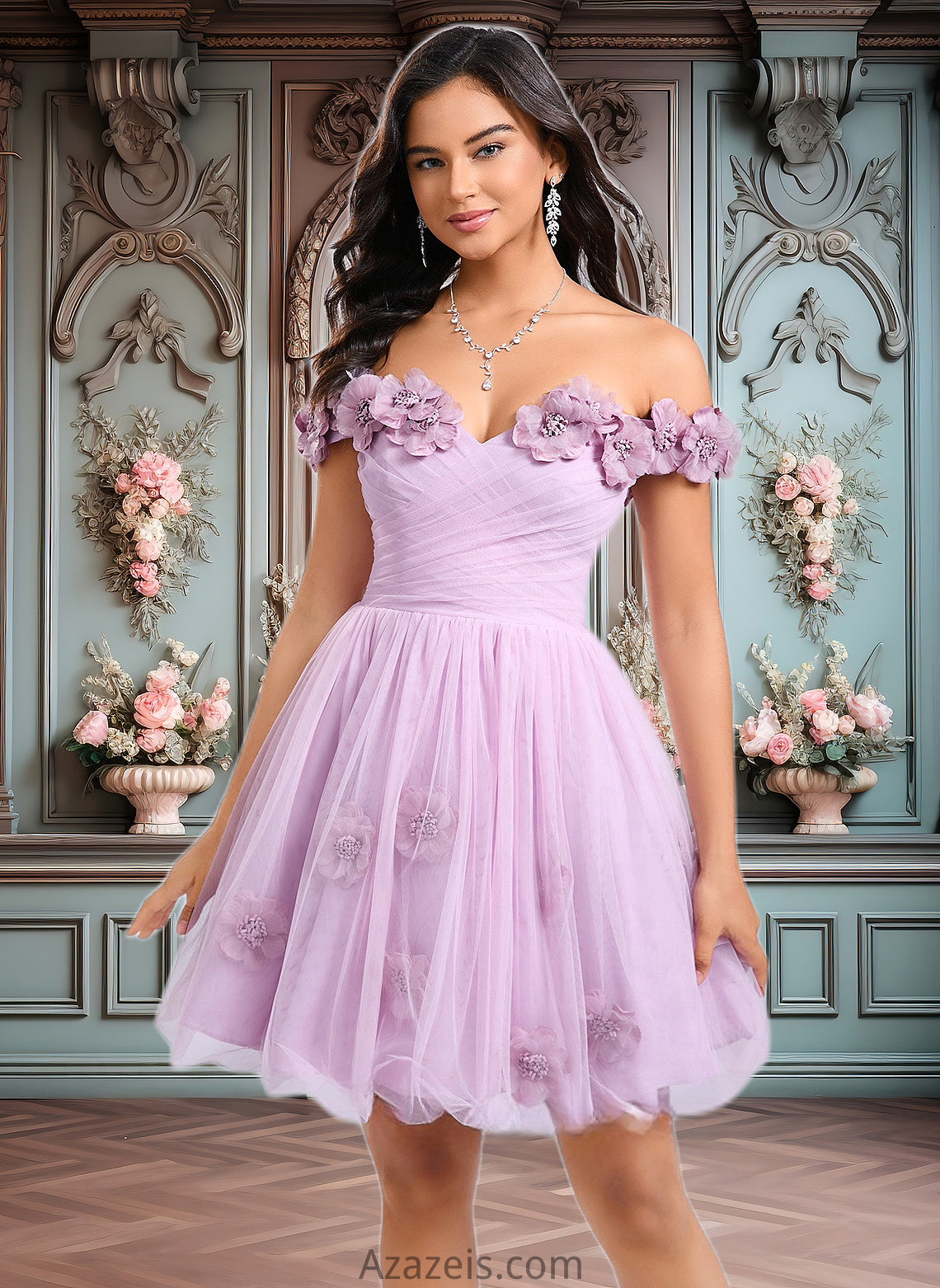 Nell Ball-Gown/Princess Off the Shoulder Short Tulle Homecoming Dress With Pleated Flower DFP0025668