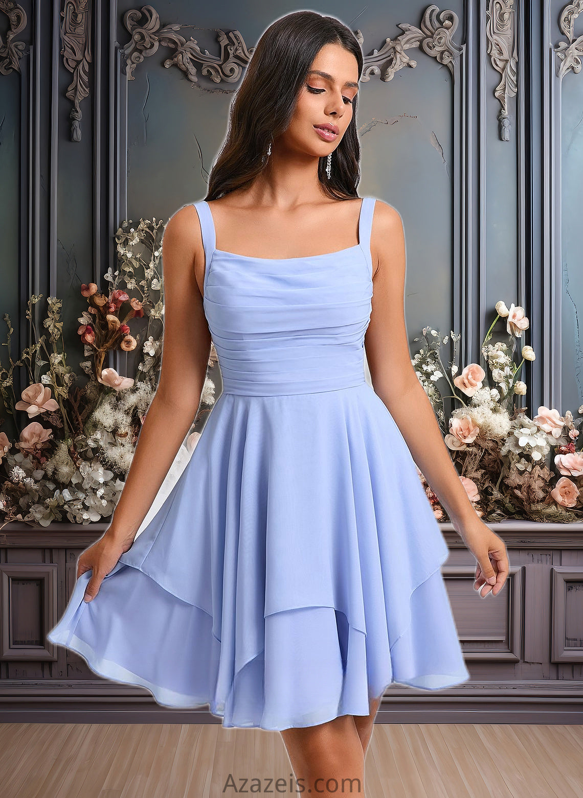 Jode A-line Scoop Short Chiffon Homecoming Dress With Pleated DFP0025654