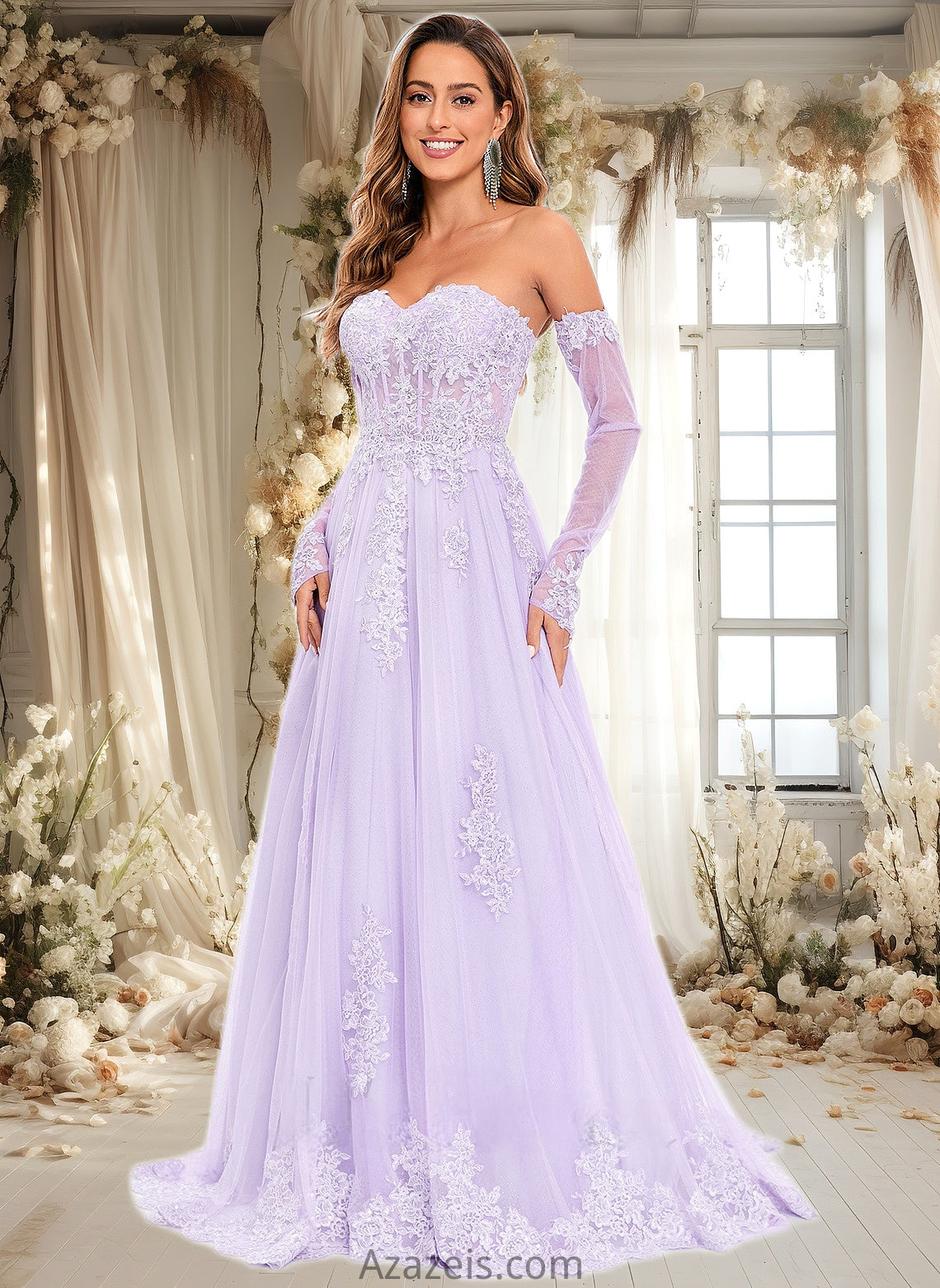 Kara A-line Sweetheart Sweep Train Tulle Prom Dresses With Sequins Appliques Lace DFP0025856