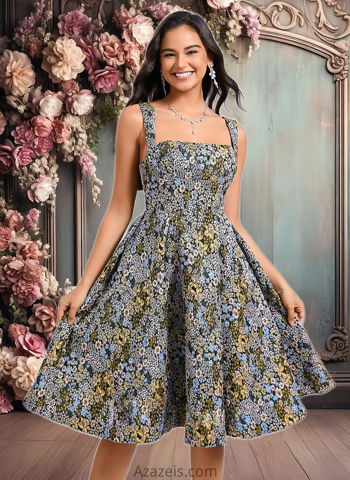 Adriana A-line Square Knee-Length Jacquard Homecoming Dress With Bow DFP0025687