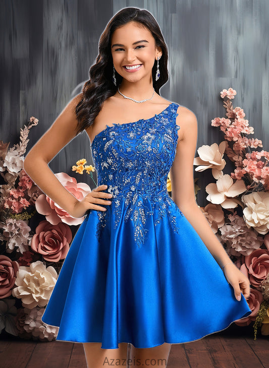 Cassie A-line One Shoulder Short Satin Homecoming Dress With Appliques Lace Sequins DFP0025657